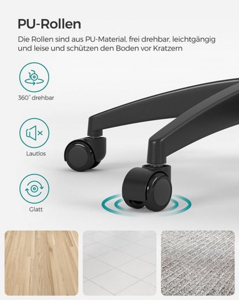 5x Bürostuhl Rollen 50mm - Geräuscharm, Kratzfrei, Für 11mm Stifte