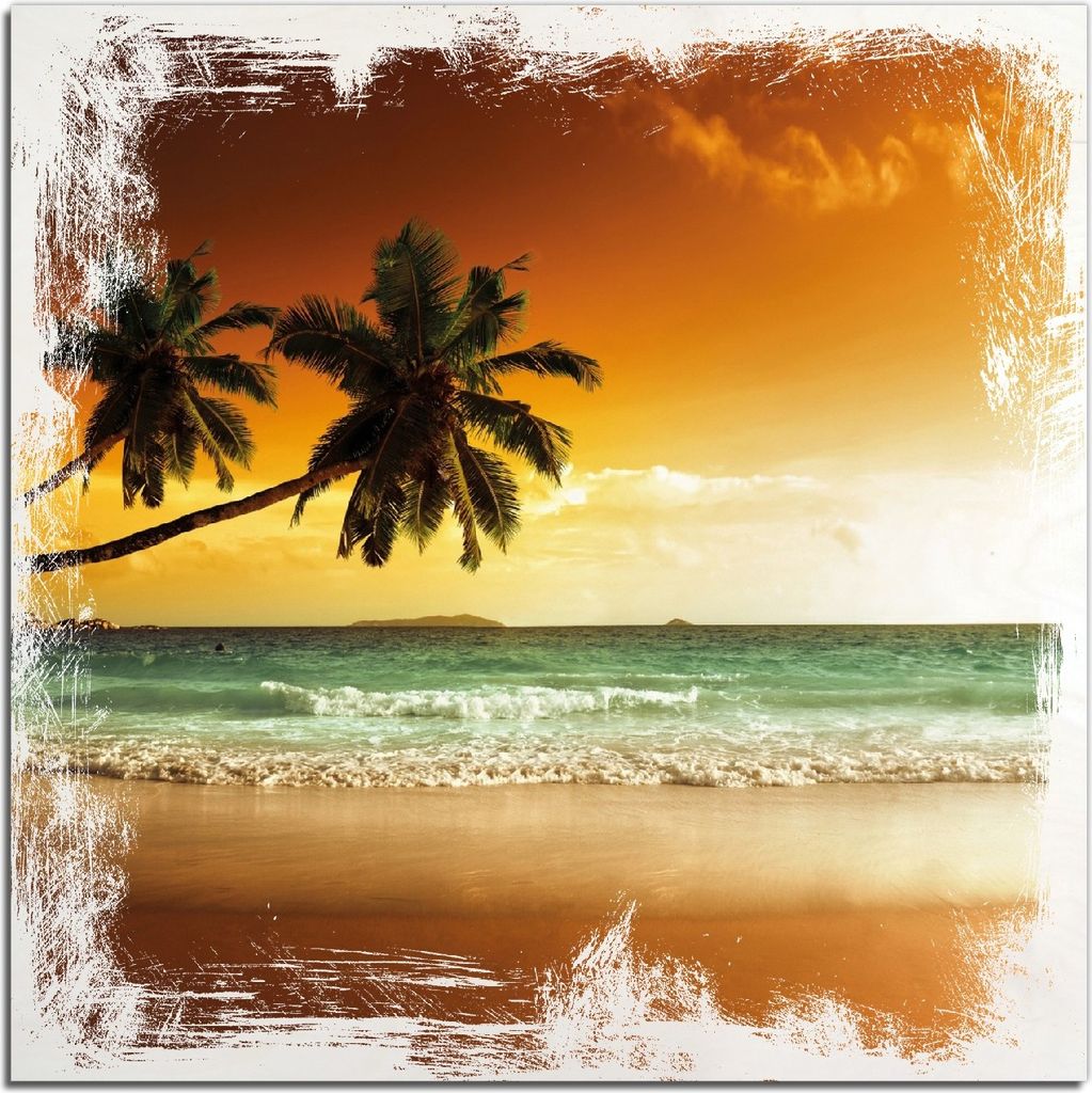 Kunstdrucke Wandbilder Holz in : Brillante Farben, Größe 50 x 50 cm Motiv Palmen am Sandstrand bei untergehender Sonne