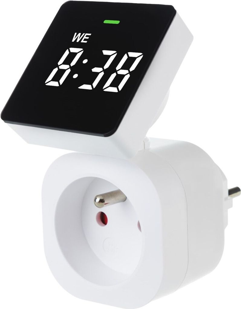 A digital timer plugged into an electrical outlet.