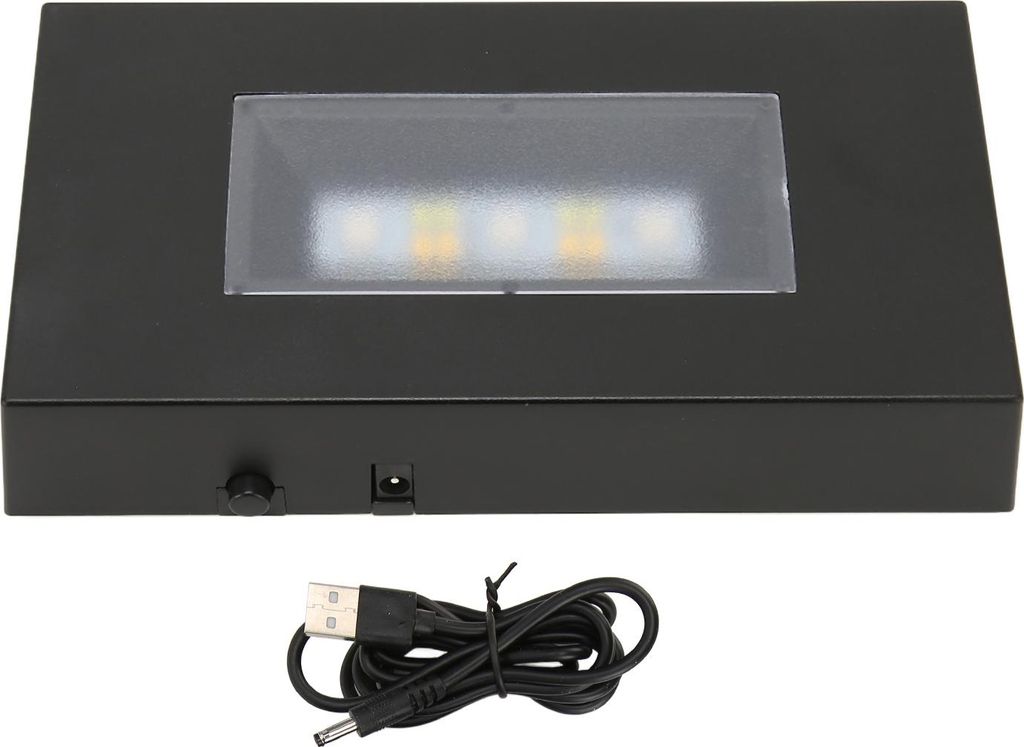 LED-Lichtständerbasis, USB-betrieben, Multi-Modus, verschiedene Farben, schwarzes ABS, rechteckiges Display für Glasbox