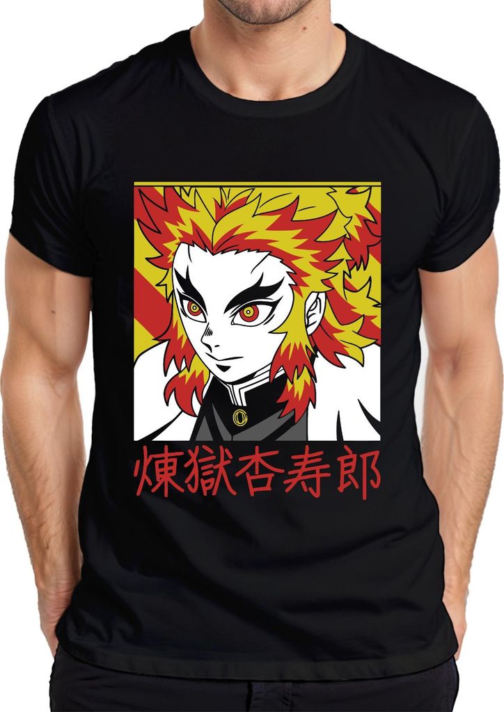 Rengoku Kyojuro Kimetsu no Yaiba Anime Flammenhaar Geschenk Herren T-Shirt, Schwarz, M