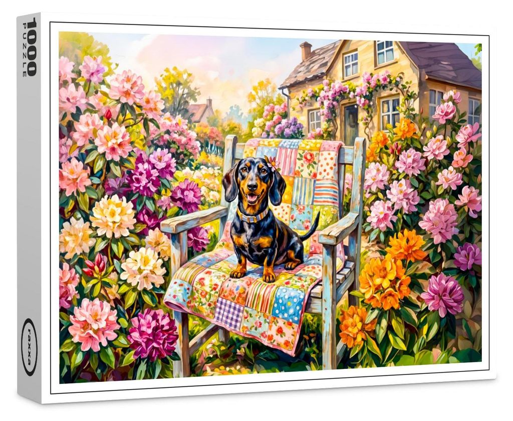 raxxa Premium-Puzzle "Dachshund Sitting on Floral Garden Bench Scene", 1000 Teile