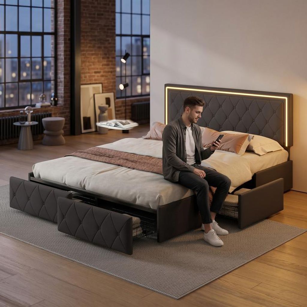 ProximaX Doppelbett 140x200 cm mit 4 Schubladen, Kunstleder Grau, Bett mit LED Beleuchtung (RGB), höhenverstellbares Kopfteil, Stauraumbett