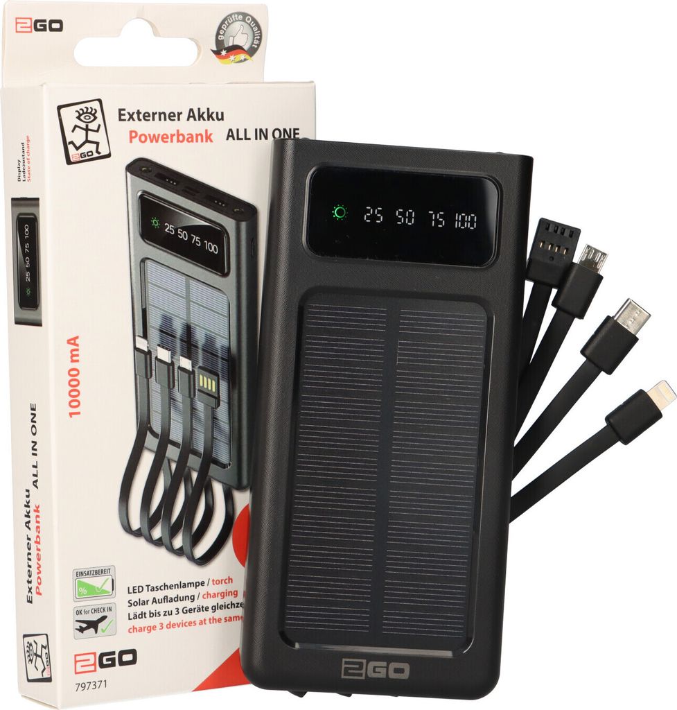 2GO Powerbank Solar 10000mAh s LED svítilnou černá Obrázek produktu 3