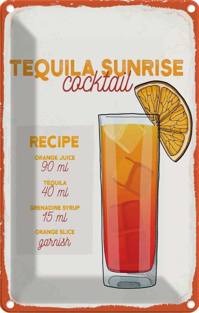 vianmo Blechschild 30x20 cm Tequila Sunrise Cocktail Recipe