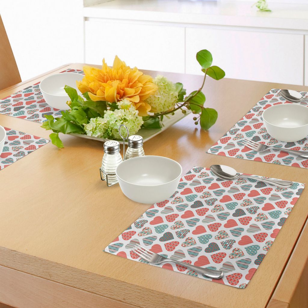ABAKUHAUS Valentines Platzmatten, Retro-Stil auf und ab Herzen mit Streifen Wellen und Karierten Mustern, Tiscjdeco aus Farbfesten Stoff für das E...