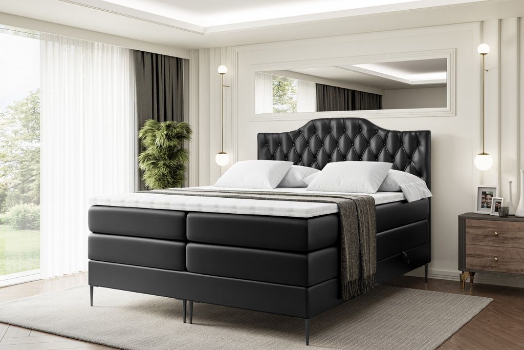 ALTDECOR Boxspringbett mit Schwarz Füßen, Matratze und Lattenrost, Topper, Polsterbett mit Bettkasten, Bett mit Stauraum H3- und H4- Matratze, Do...