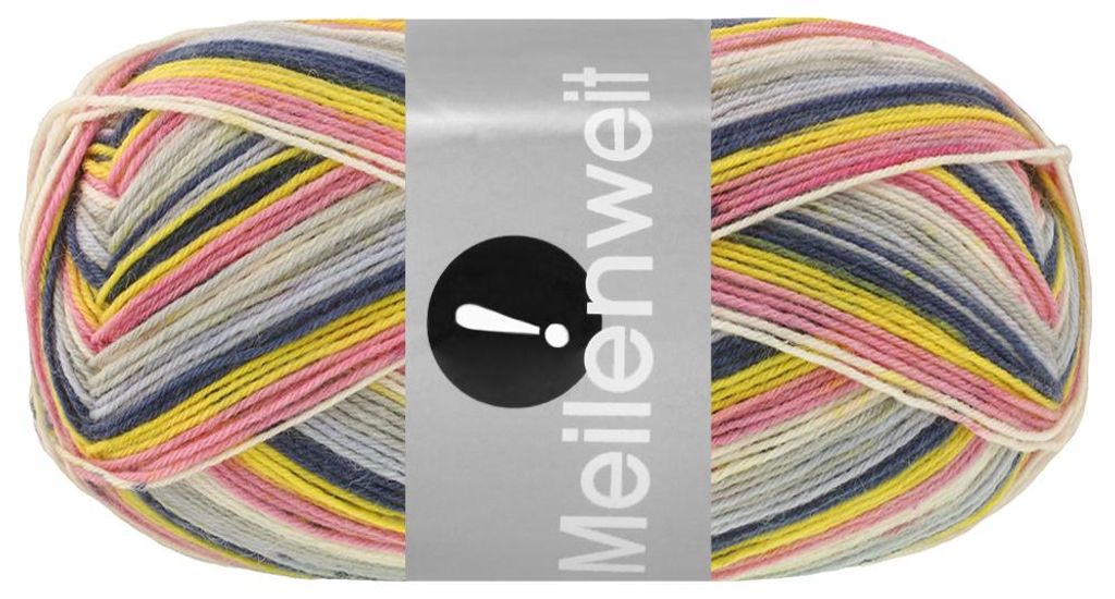 Lana Grossa MEILENWEIT 100 g AKTION! zeitlose 4-fach Sockenwolle 420 m Farbe 3040 - Anthrazit/Hell-/Mittelgrau/Wollweiß/Rosa/Gelb geringelt