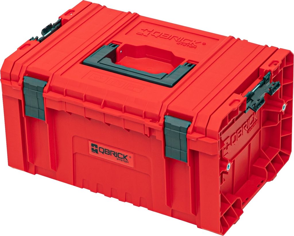 A red storage box with green accents.
