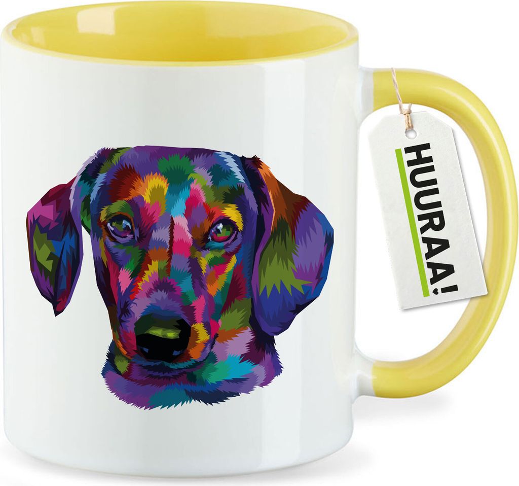 Huuraa Kaffeetasse Dackel Colorful 330ml Gelb Keramik Kaffeebecher Geschenkidee