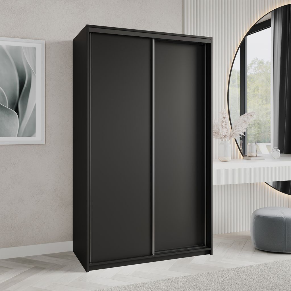 Masseno Schiebetürenschrank NISSE 120/205/60 cm Kleiderschrank mit Schubladen Schlafzimmer Schrank 2-türig Schwarz + Schwarz