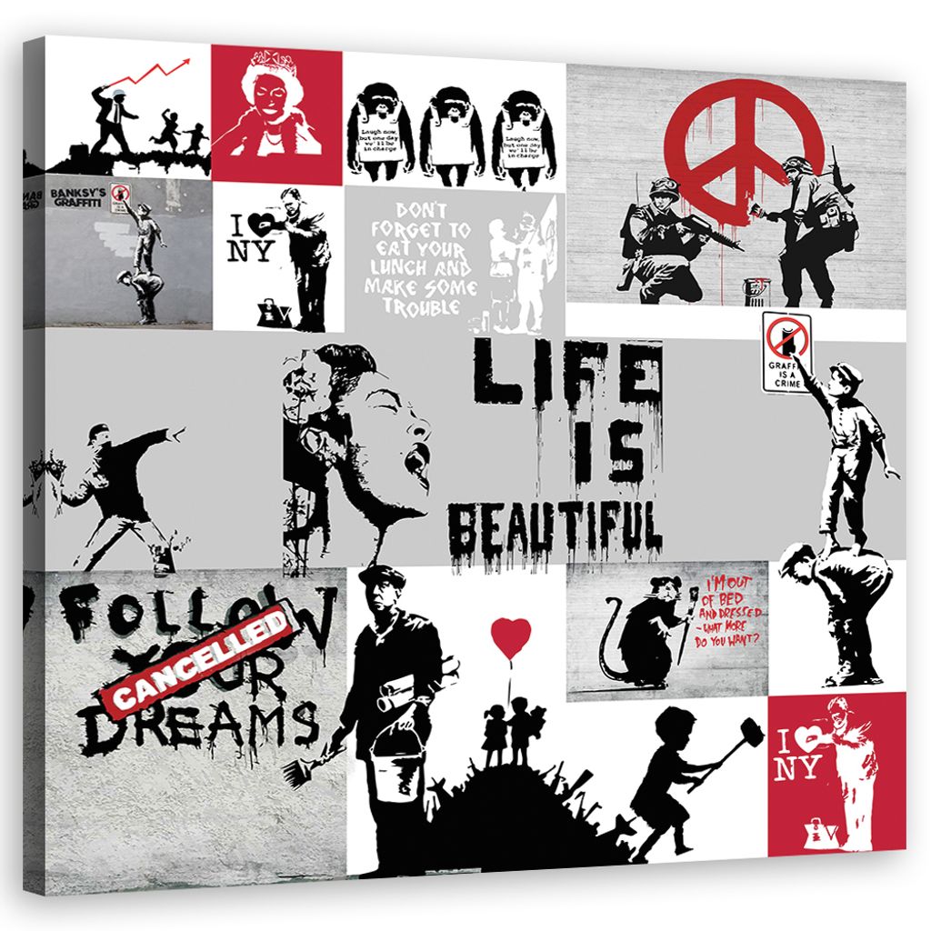Leinwandbild Banksy-Kompositionsgraffiti 40x40 Feeby Grau bild für die wand bereit zum aufhängen