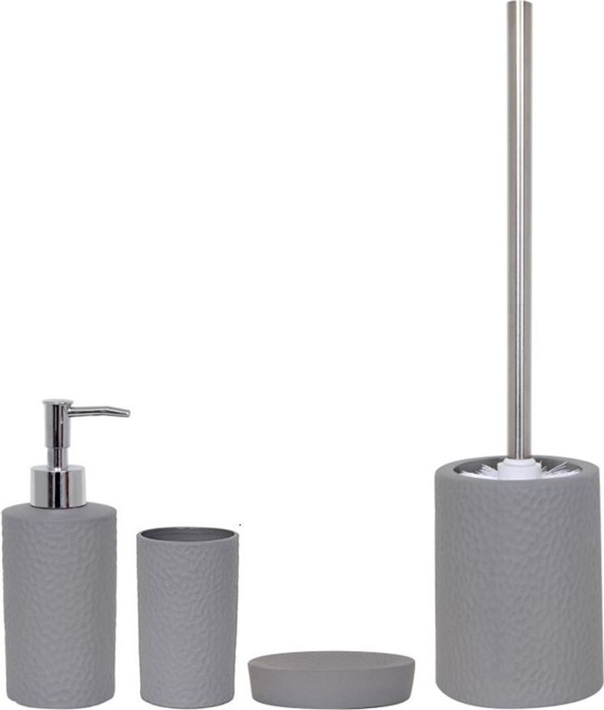 MSV Badezimmer Set, 4-teiliges Badzubehör aus Keramik Fidji, Seifenspender, WC Bürste, Seifenschale und Zahnputzbecher Grau