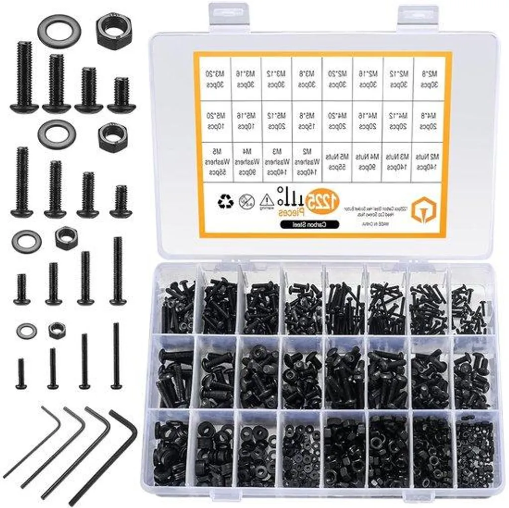 Kit de Vis et Écrous M2-M5 en Acier Carbone Noir, Coffret de 1225 Pièces