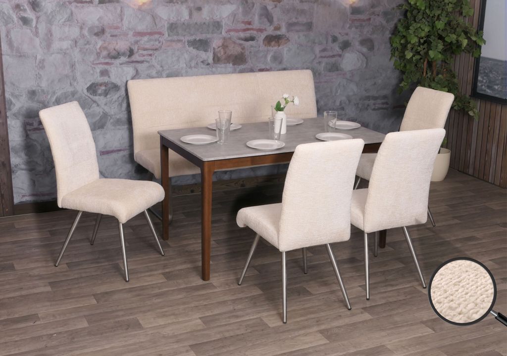 Esszimmer-Set HWC-G55, 4er-Set Stuhl + Sitzbank 160cm, Edelstahl gebürstet Stoff/Textil Chenille creme