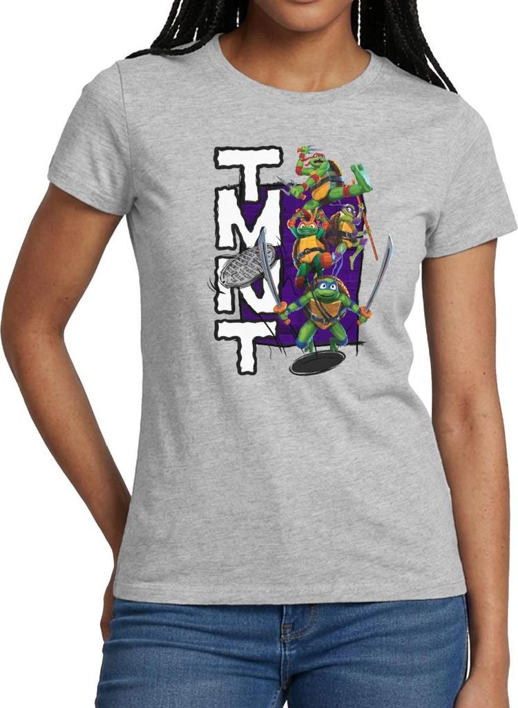 Spreadshirt TMNT Mutant Mayhem Donnie Mikey Leo Raph Frauen T-Shirt, M, Grau meliert