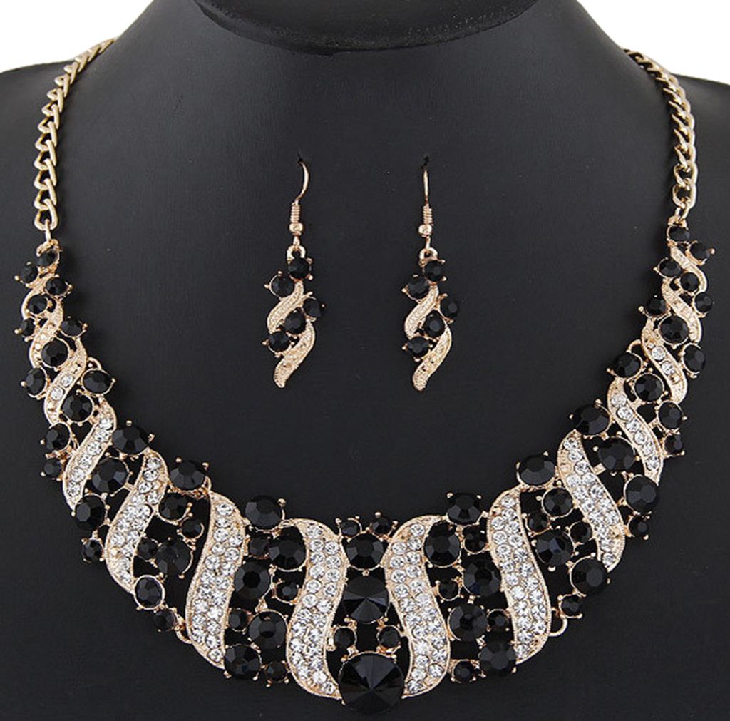 Frauen Strass Spirale Bib Halskette Haken Ohrringe Statement Party Schmuck Set-Schwarz
