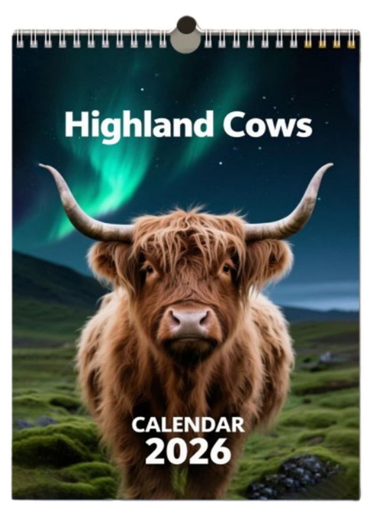 Highland-Rinder-Kalender 2026 (Januar 2026 – Dezember 2026): 12-Monats-Planer, schottische Wanddekoration für Zuhause und Büro
