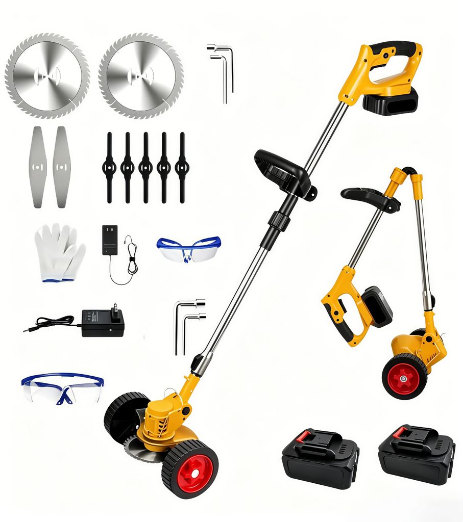 Akku-Rasentrimmer 21V mit 2 Akku und Ladegerät, 3-in-1 Unkrautfresser, 3 Arten Klinge, Teleskop-Stiel & Zusatzhandgriff mit Rädern für Rasen,Garten