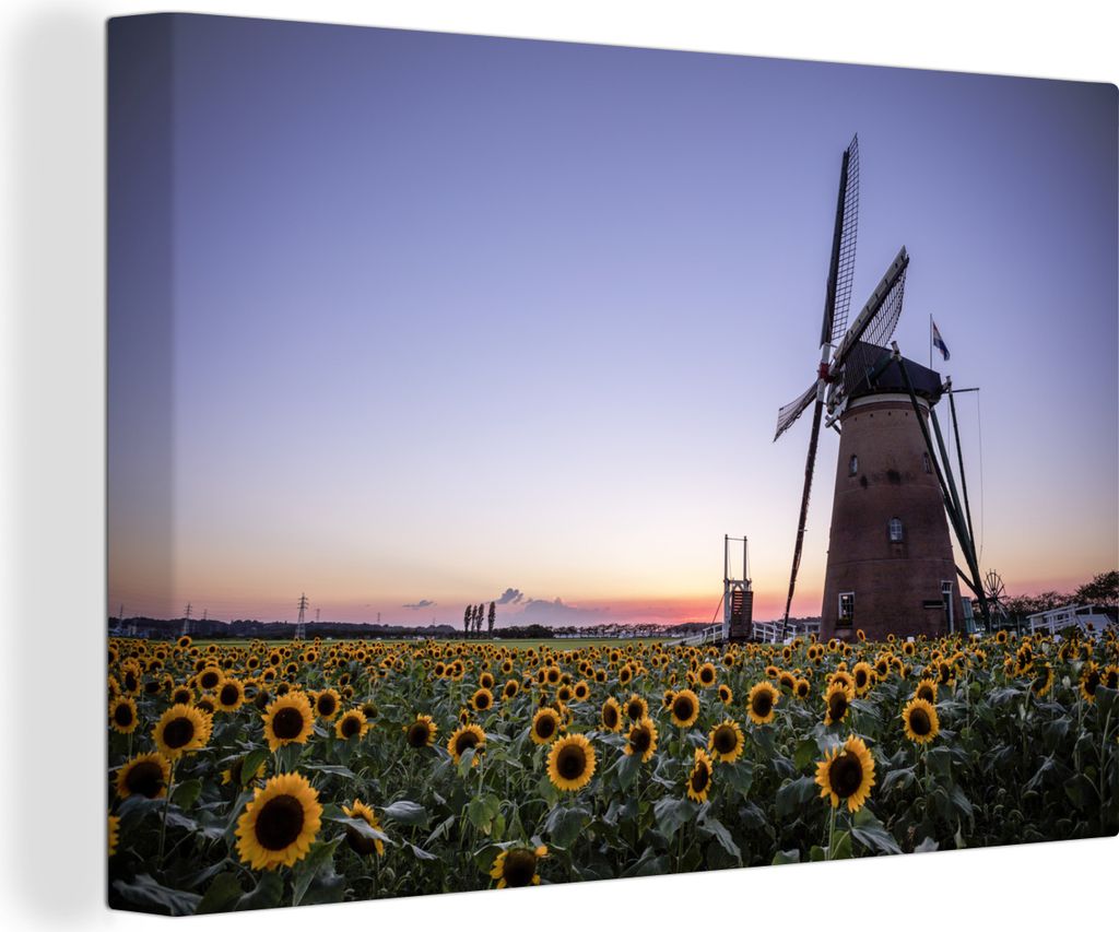 OneMillionCanvasses - Leinwandbilder - 140x90 cm, Alte Windmühle steht in einem Sonnenblumenfeld, Wandbilder Kunstdruck Wanddekoration - Foto au...