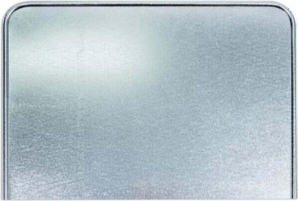 A close-up, flat lay image of a rectangular metal plate with rounded corners.