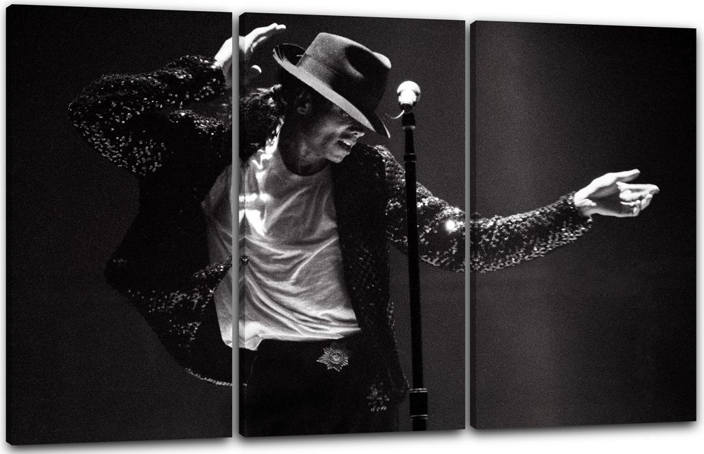 Leinwandbild 3-teilig (120x80cm): Michael Jackson Konzert schwarz weiss King of Pop Star Legende, echter Holz-Keilrahmen inkl. Aufhänger, handgefe...