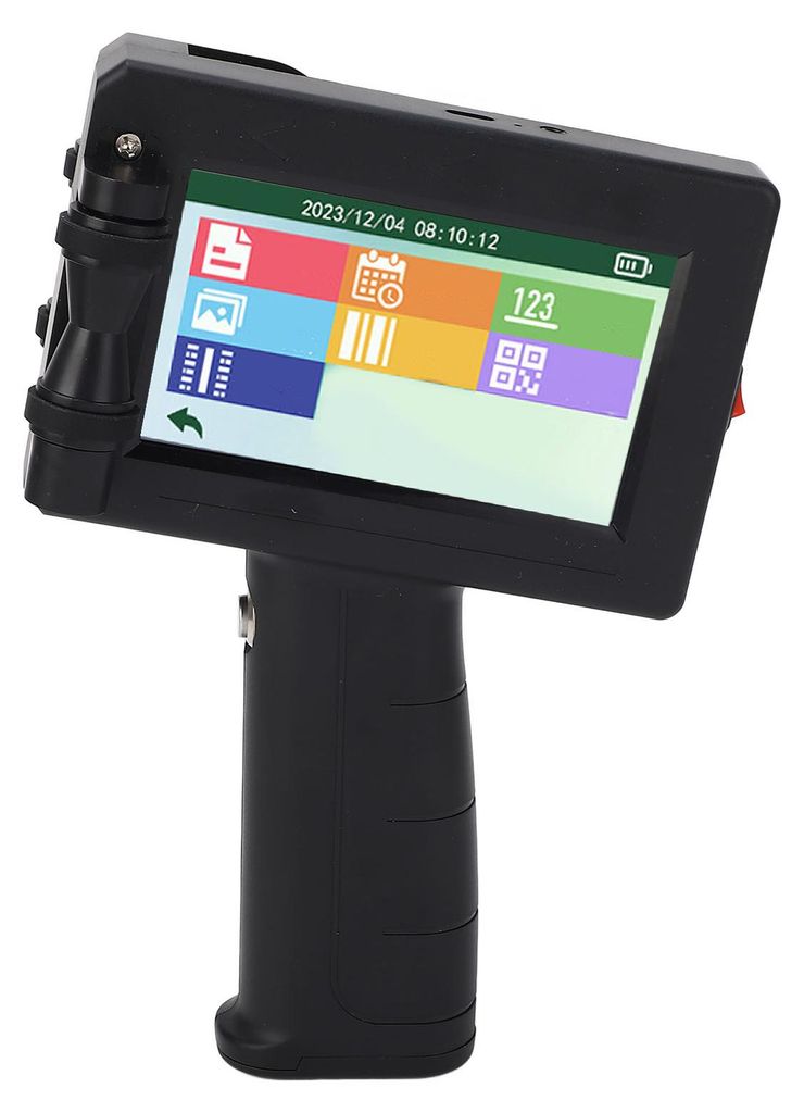 A handheld inkjet printer with a touchscreen display.