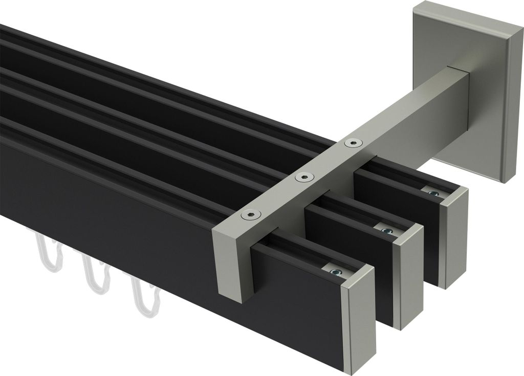 Interdeco Innenlaufstange / Gardinenstange mit Innenlauf Schwarz / Edelstahl-Optik, Typ Smartline Paxo (Kappe), 14x35 mm 3-läufig, 100 cm