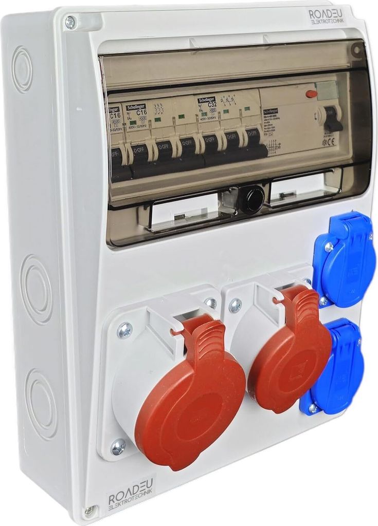 Baustromverteiler Wandverteiler. CEE Steckdose 16A und 32A mit 2x Schuko 230V. Steckdosenverteiler mit FI Schalter und Leitungsschutzschalter.