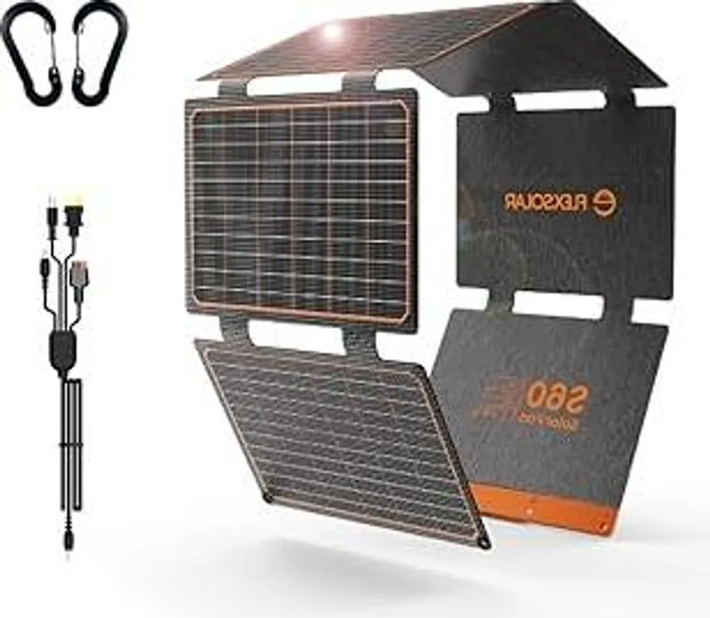 Pannello solare 60W, caricatore solare portatile pieghevole Flexsolar IP67 impermeabile per campeggio con alimentazione di emergenza, adatto per piccoli generatori, telefoni, banchi di alimentazione mobili, PC - 1