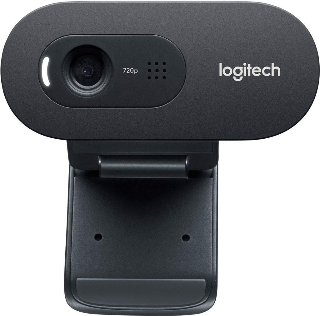 A black Logitech HD Webcam C270 is shown against a white background. The webcam is mounted on its stand.