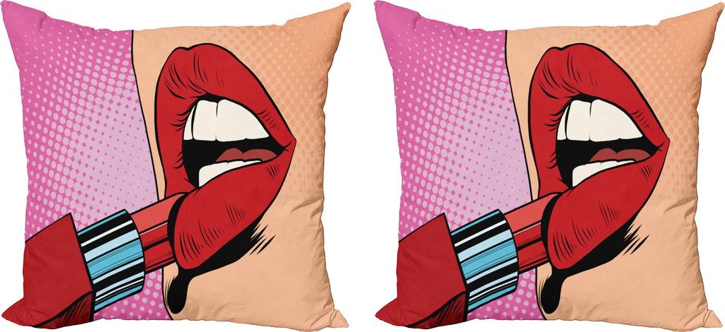 ABAKUHAUS Lippen Kissenbezug Set (2Stück), Retro Cartoon Rote Lippenstift Make Up Konzept Halbtonhintergrund Illustration, 40 x 40 cm, Mehrfarbig