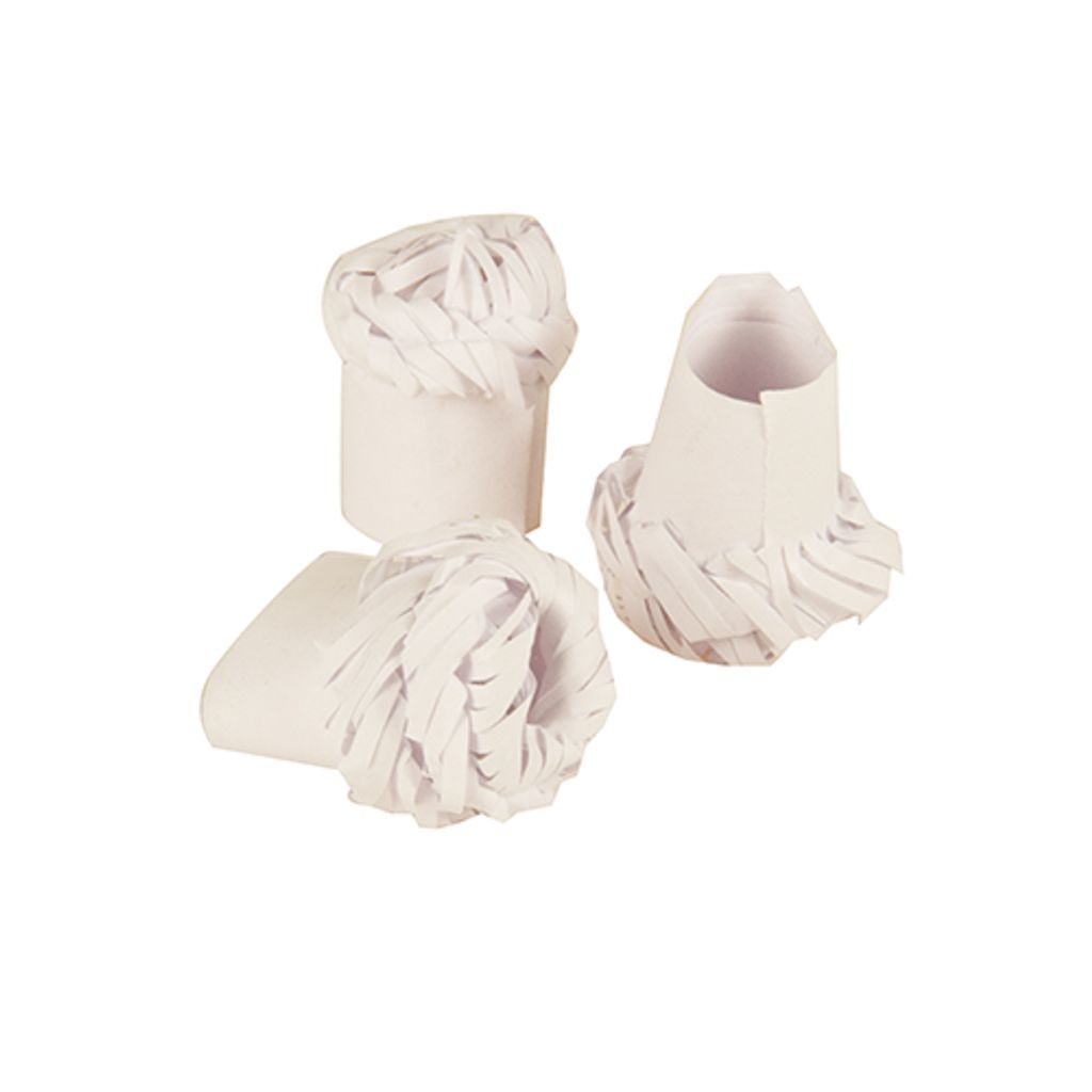 Three white paper poultry cuffs are arranged on a white background.