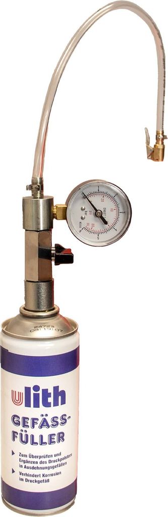 A product shot of a can with a pressure gauge and hose attachment.