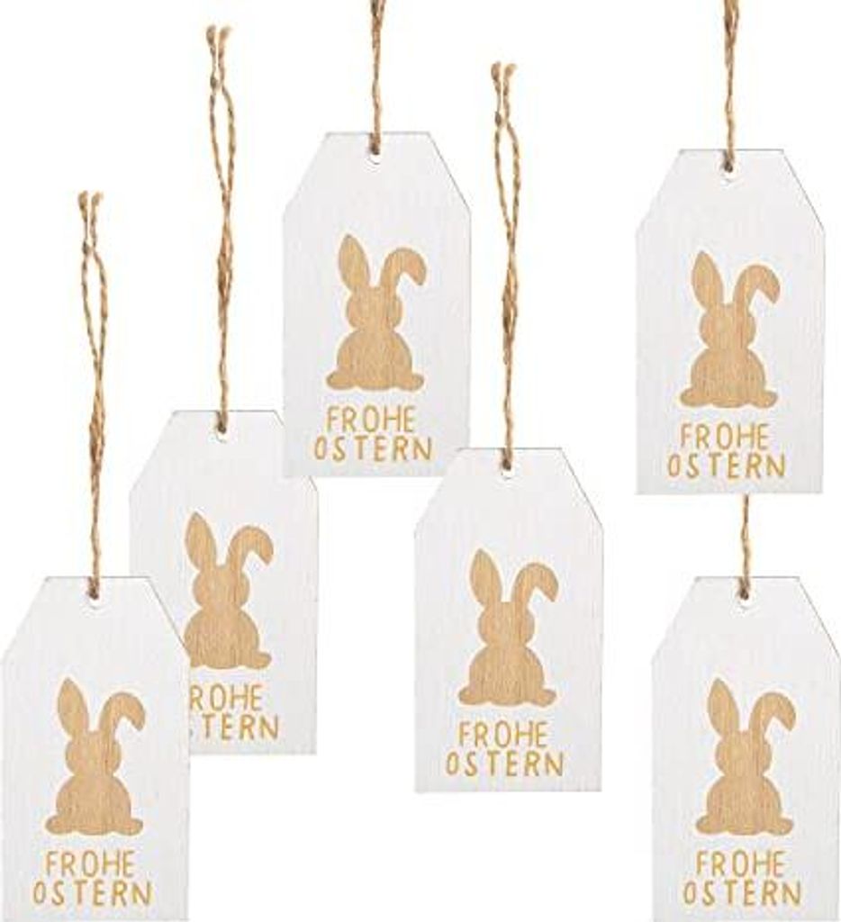 6 Osteranhänger aus Holz - mit Text Frohe Ostern weiß braun