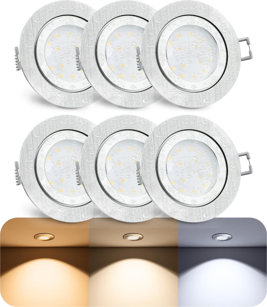 SSC-LUXon RW-2 6er Set LED Einbauspot dimmbar flach IP44 - einstellbare Farbtemperatur 3CCT - rund Alu 230V 6 Watt