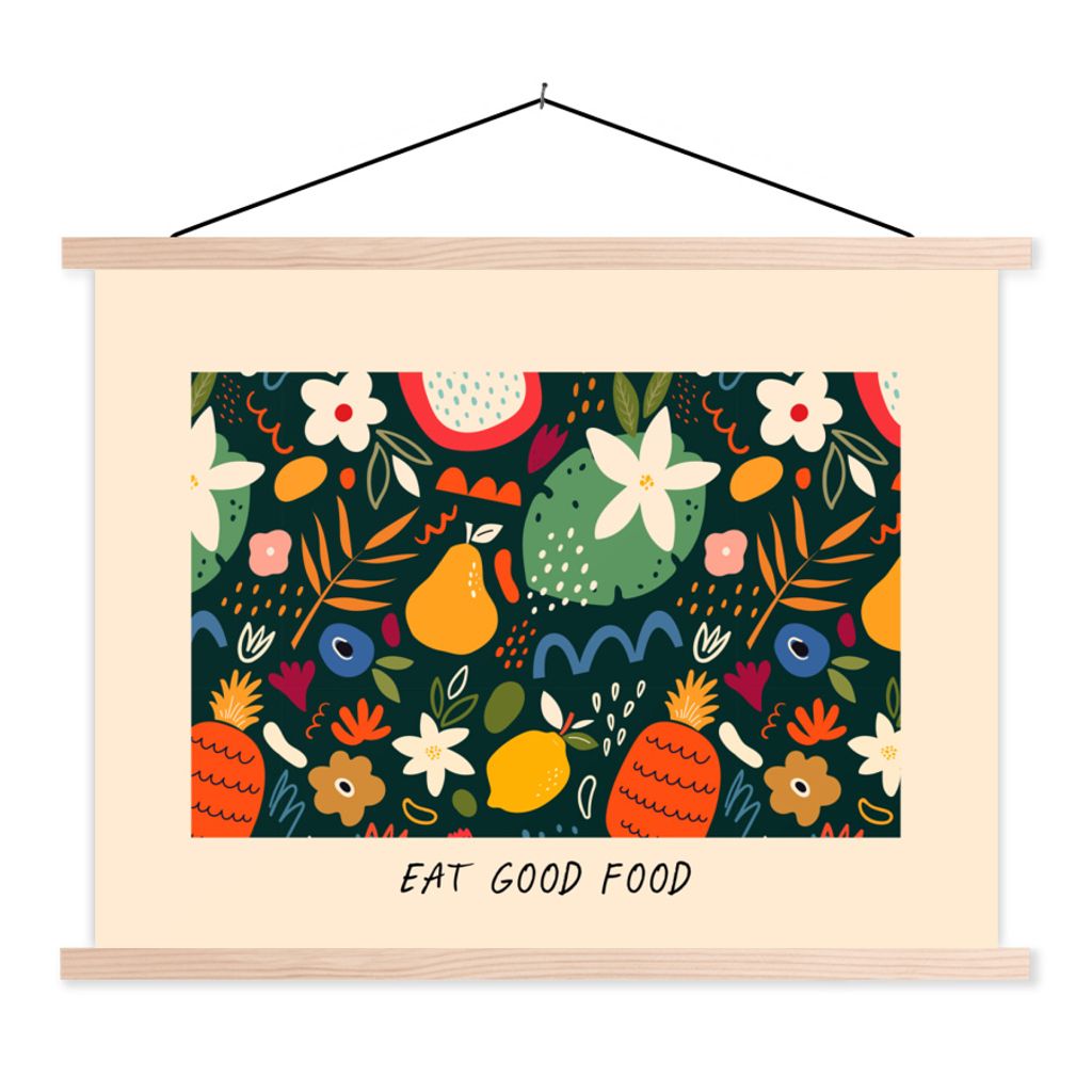 MuchoWow Textilposter Zitate - Essen - Essen Sie gut - Sprichwörter 60x45 cm mit holzfarbenen Rahmen - Bild