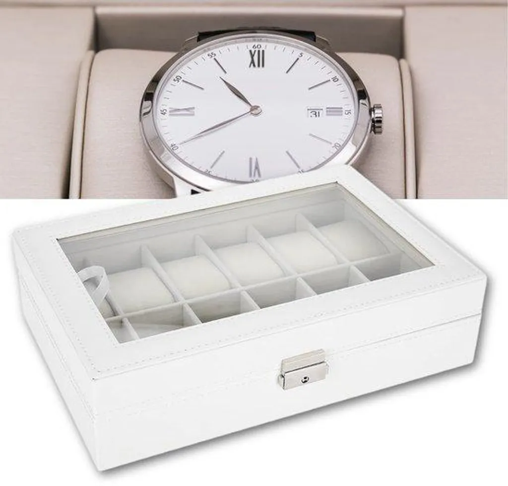 Boîte à montres 12 compartiments avec couvercle en verre anti-poussière