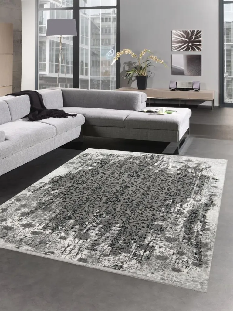Tapis Gris Ornements Design Vintage Orient Résistant Taille 80x150cm
