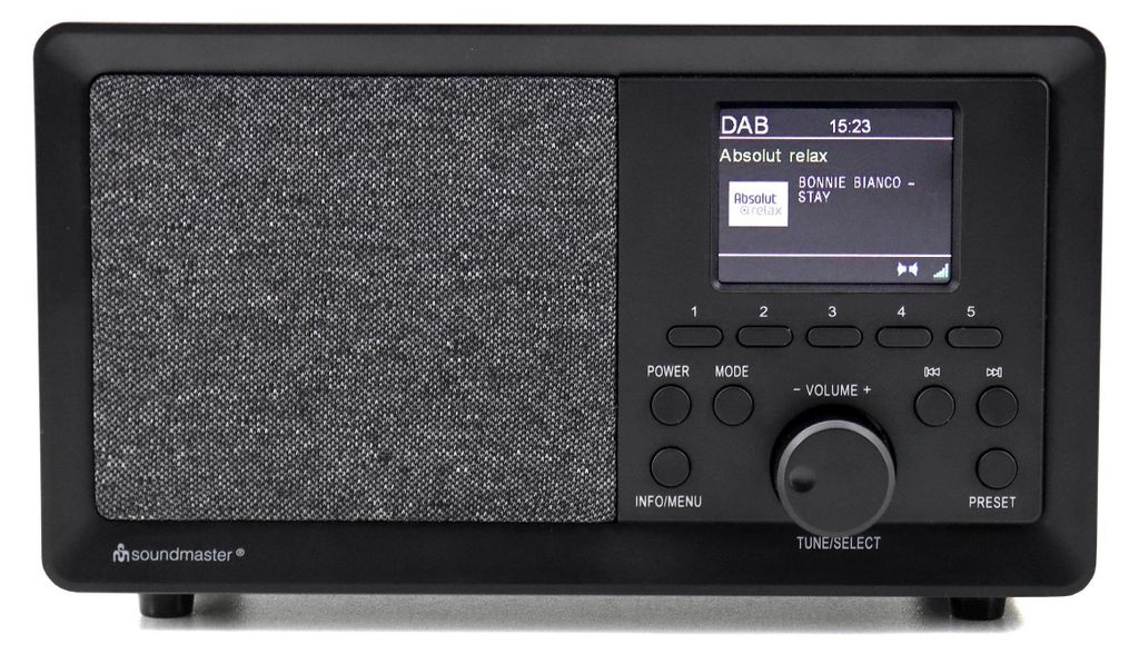 A black digital radio with a grey speaker grille and a color display showing radio information.