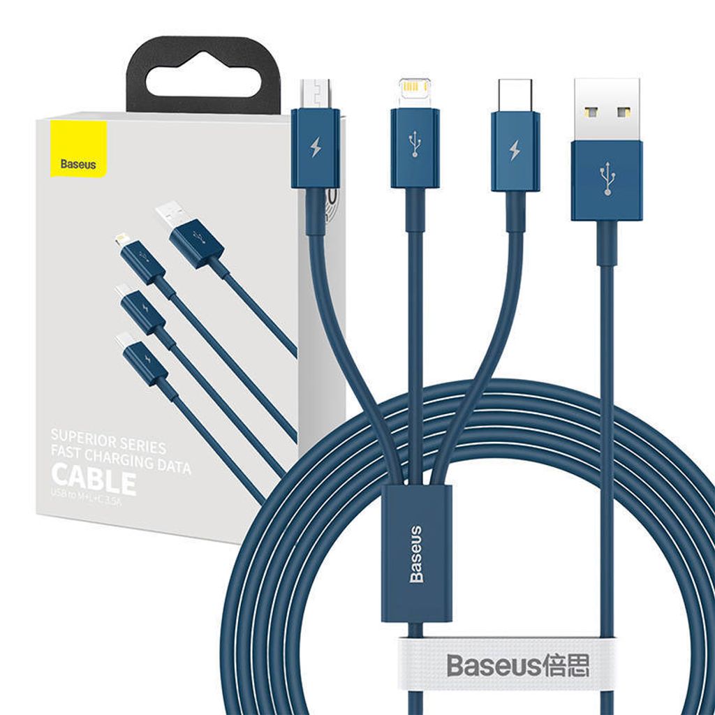Baseus Hochwertiges 3-in-1 USB Kabel - Lightning/USB-C/micro USB, 3,5 A, 1,5 m, Blau (CAMLTYS-03)