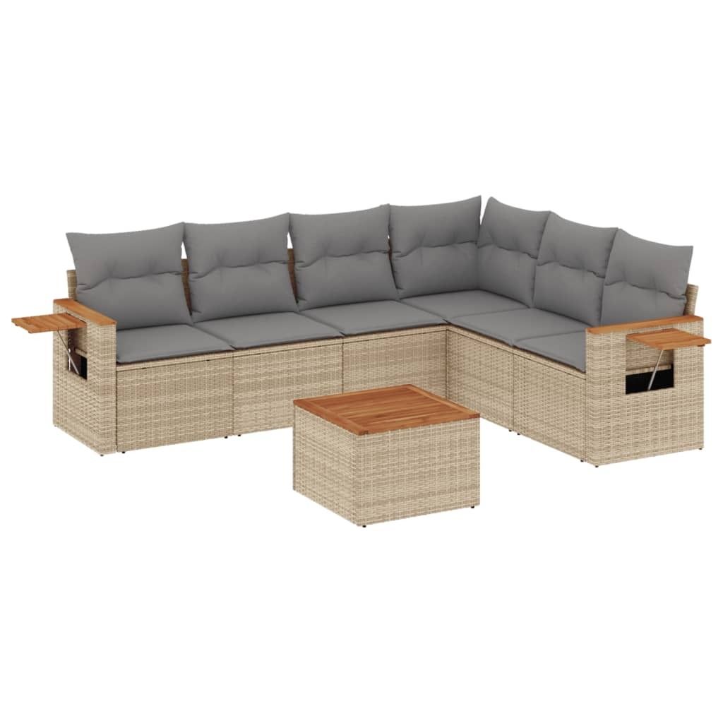 vidaXL 7-tlg. Garten-Sofagarnitur mit Kissen Beige Poly Rattan
