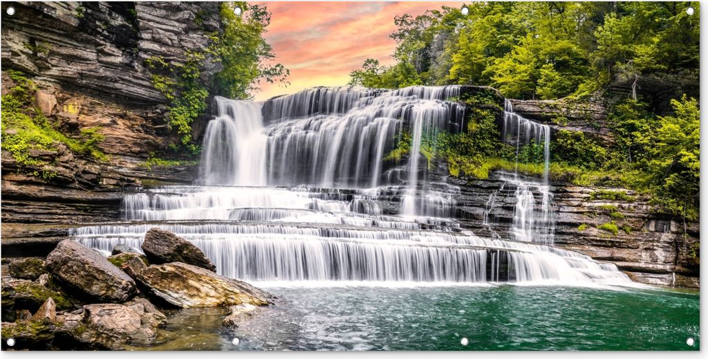 MuchoWow 160x80 cm Outdoor-Poster Gartendeko Sichtschutz Garten Poster für den Garten Wasserfall - Wasser - Steine - Pflanzen - Natur
