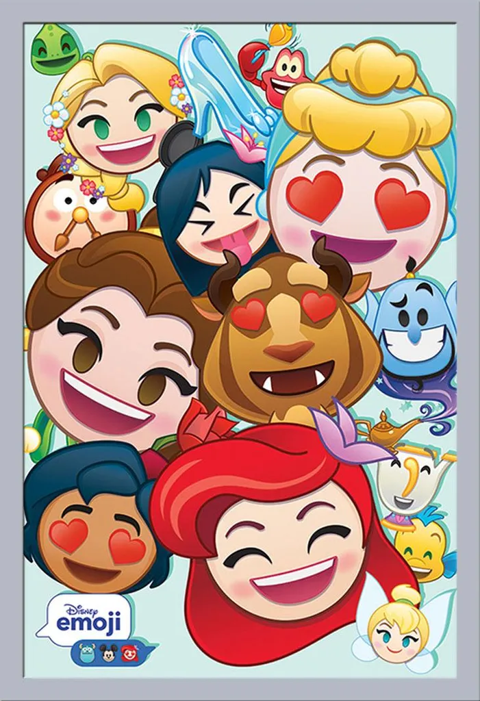Affiche Disney Princesses Emoji encadrée sous verre acrylique argenté