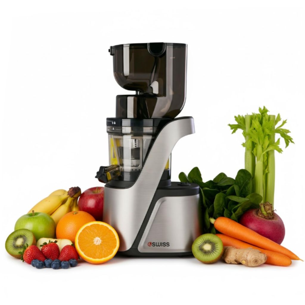 4Swiss Entsafter | Slow Juicer BM105 Silber | Entsafter, Saftpresse, Kaltpressung | 40 U/Min, Ultem-Schnecke, XXL-Einfüllschacht, Leise, BPA-frei