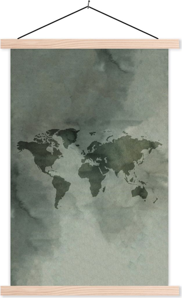 MuchoWow Textilposter Weltkarte - Aquarellfarbe - Grün - Grau 60x90 cm mit holzfarbenen Rahmen - Textil