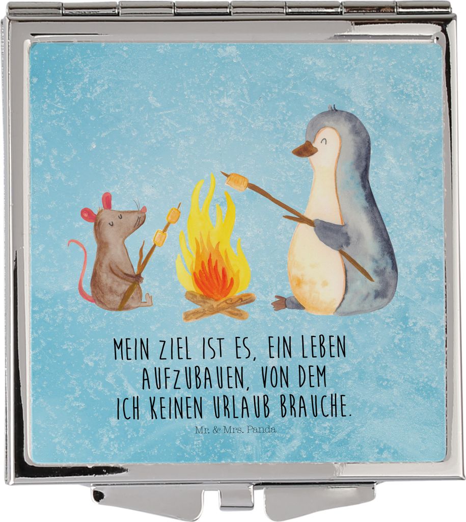 Mr. & Mrs. Panda Handspiegel Pinguin Lagerfeuer - Eisblau - Geschenk, Kosmetikspiegel, Liebe, Schminkspiegel, Maus, Kleiner Spiegel, Job, Frauen, M...