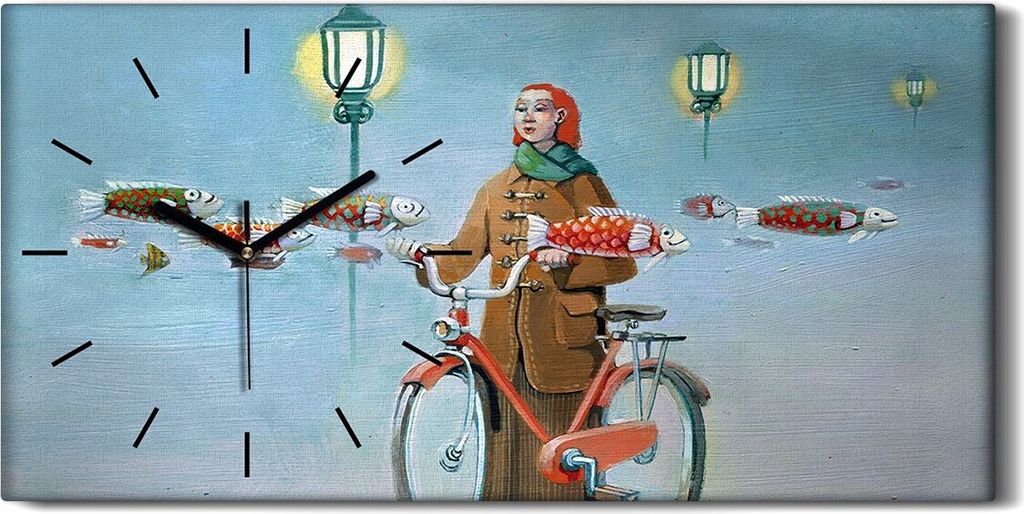 Küchenuhr Bürouhr Leinwand Uhr Geräuschlos 60x30 Gemälde Frauen Fahrrad Nebel - schwarze Hände