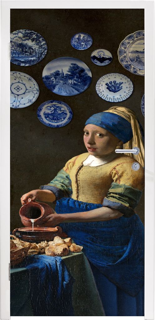 MuchoWow Türtapete Selbstklebende Türfolie Mädchen mit Perlenohrring - Milchmädchen - Delfter Blau 95x215 cm Türposter Türaufkleber Klebefo...