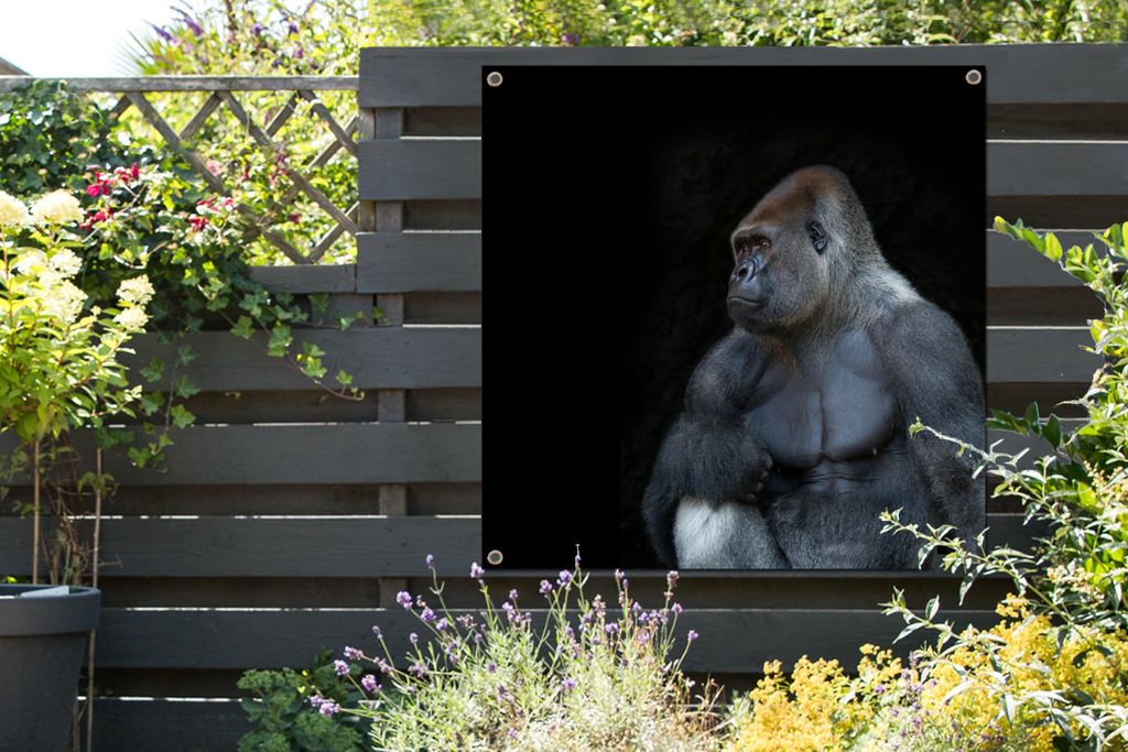 MuchoWow 100x100 cm Outdoor-Poster Gartendeko Sichtschutz Garten Poster für den Garten Ein muskulöser Gorilla auf schwarzem Hintergrund